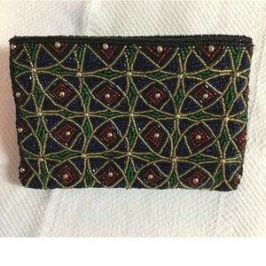 VINTAGE Neiman Marcus Beaded Colorful Black Zip Clutch Cosmetic Bag w/Origin Box